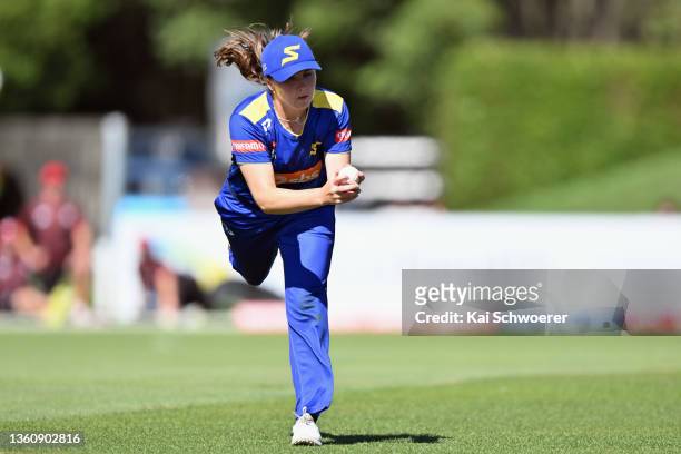 Emma Black of the Sparks takes a catch to dismiss Laura Hughes of the Magicians during the Super Smash Women's T20 match between the Canterbury...