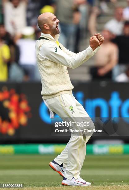 Nathan Lyon of Australia celebrates after dismissing Jos Buttler of England during day one of the Third Test match in the Ashes series between...