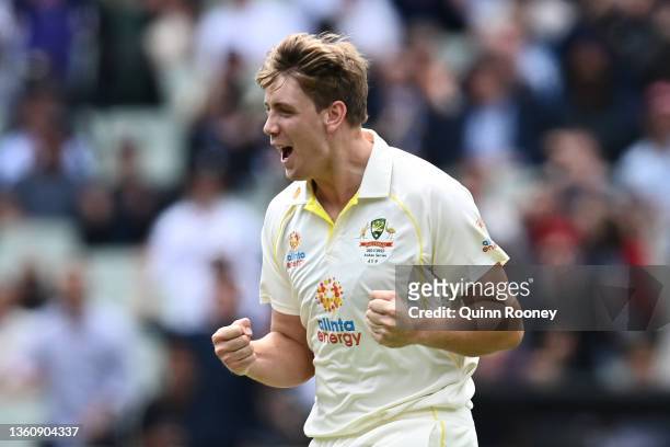 Cameron Green of Australia celebrates after dismissing Ben Stokes of England during day one of the Third Test match in the Ashes series between...