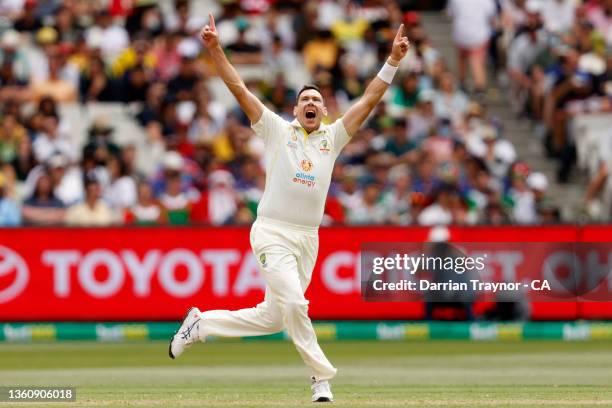 Scott Boland of Australia takes his first test wicket dismissing Mark Wood of England during day one of the Third Test match in the Ashes series...