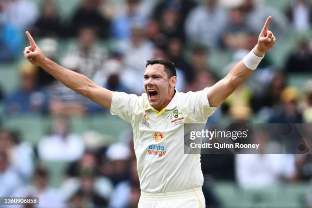 Scott Boland of Australia celebrates after taking his first test wicket dismissing Mark Wood of England during day one of the Third Test match in the...