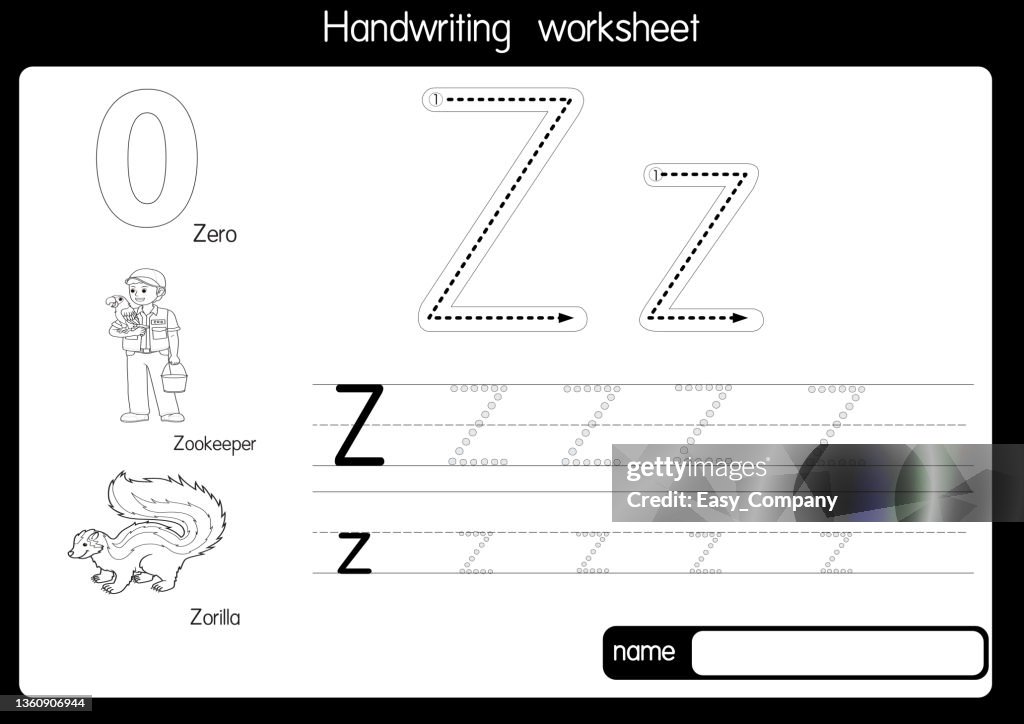 Black and white vector illustration of with alphabet letter Z Upper case or capital letter for children learning practice ABC
