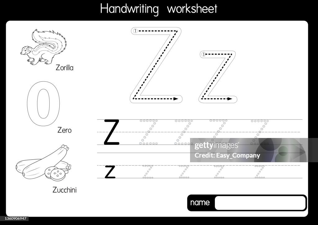 Black and white vector illustration of with alphabet letter Z Upper case or capital letter for children learning practice ABC