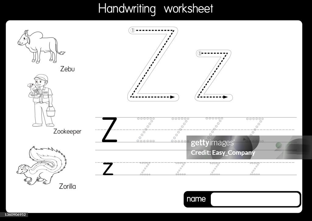 Black and white vector illustration of with alphabet letter Z Upper case or capital letter for children learning practice ABC