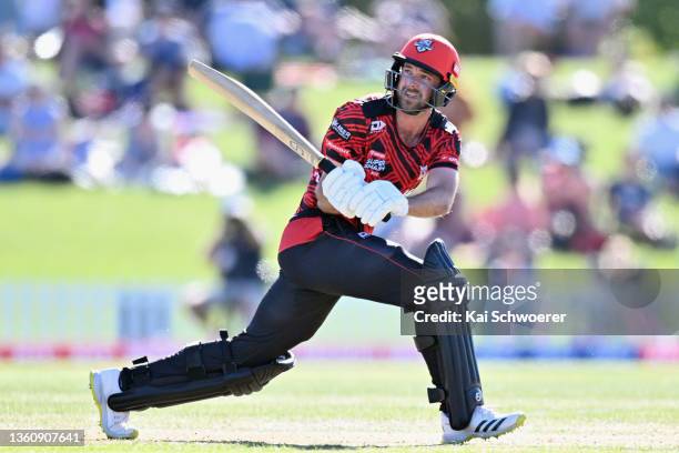 Chad Bowes of the Kings bats during the Super Smash Men's T20 match between the Canterbury Kings and the Otago Volts at Hagley Oval on December 26,...