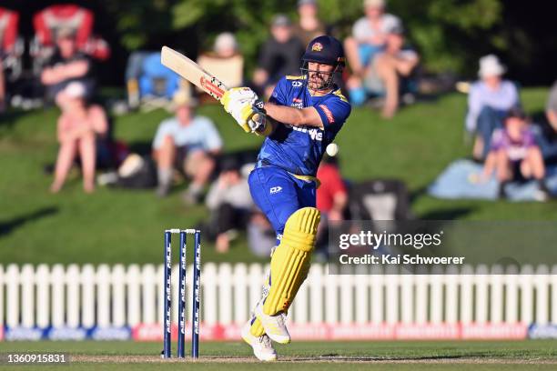 Hamish Rutherford of the Volts is hit by a ball during the Super Smash Men's T20 match between the Canterbury Kings and the Otago Volts at Hagley...