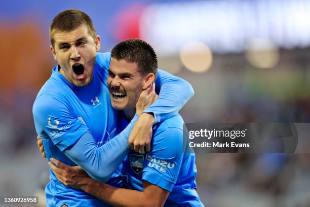 Patrick Wood of Sydney FC , celebrates a goal with Max Burgess of Sydney FC celebrates a goal during the A-League Men's match between Macarthur FC...