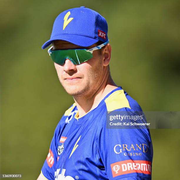 Jacob Duffy of the Volts looks on during the Super Smash Men's T20 match between the Canterbury Kings and the Otago Volts at Hagley Oval on December...