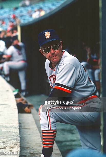 Manager Ralph Houk of the Detroit Tigers looks on from the dugout against the New York Yankees during an Major League Baseball game circa 1978 at...