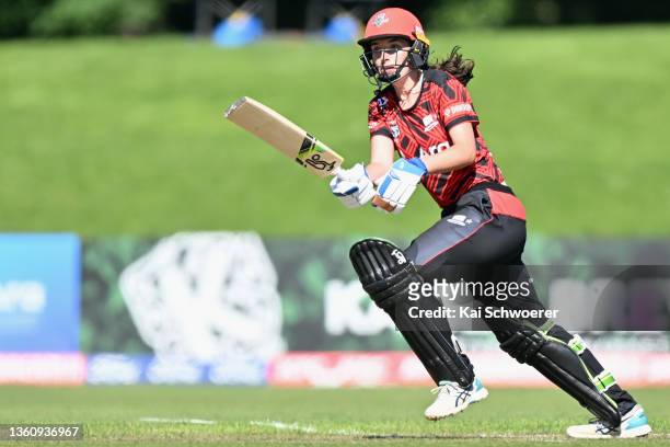 Sarah Asmussen of the Magicians bats during the Super Smash Women's T20 match between the Canterbury Magicians and the Otago Sparks at Hagley Oval on...