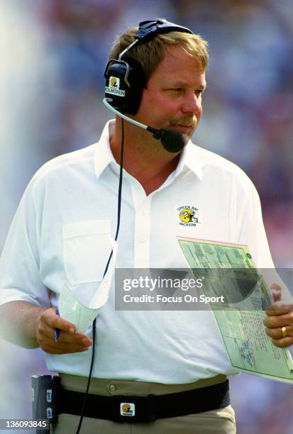 Head coach Mike Holmgren of the Green Bay Packers looks on from the sidelines against the Minnesota Vikings during an NFL football game September 6,...