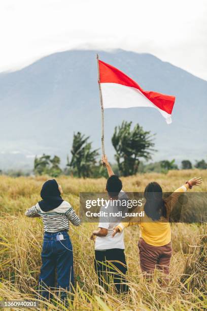 jóvenes adultos asiáticos celebran el día de la independencia de indonesia - bandera indonesia fotografías e imágenes de stock