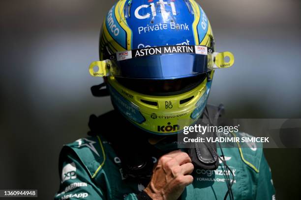 Aston Martin's Spanish driver Fernando Alonso attends the first practice session at the Red Bull race track in Spielberg, Austria, on June 30 ahead...