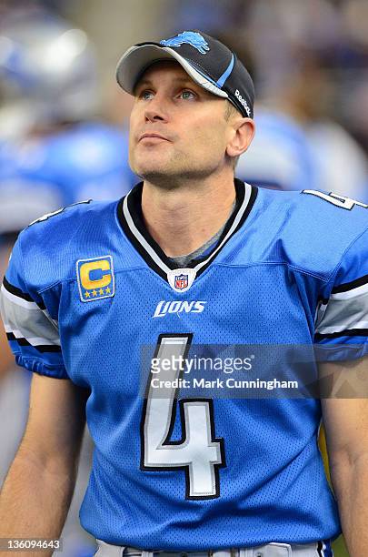 Jason Hanson of the Detroit Lions looks on against the Minnesota Vikings during the game at Ford Field on December 11, 2011 in Detroit, Michigan. The...