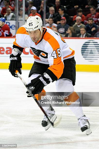 Jody Shelley of the Philadelphia Flyers skates during the NHL game against the Montreal Canadiens at the Bell Centre on December 15, 2011 in...