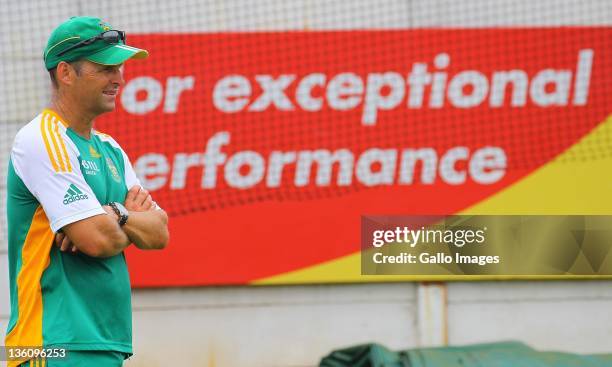 Gary Kirsten looks on during the South African national cricket team nets session and press conference from Sahara Park Kingsmead on December 24,...
