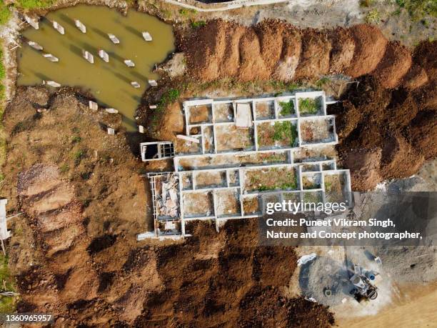 aerial view of a field under real estate development - art and craft equipment stock pictures, royalty-free photos & images