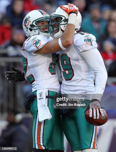 Brandon Marshall of the Miami Dolphins celebrates with teammate Brian Hartline after Marshall caught a touchdown pass against the New England...