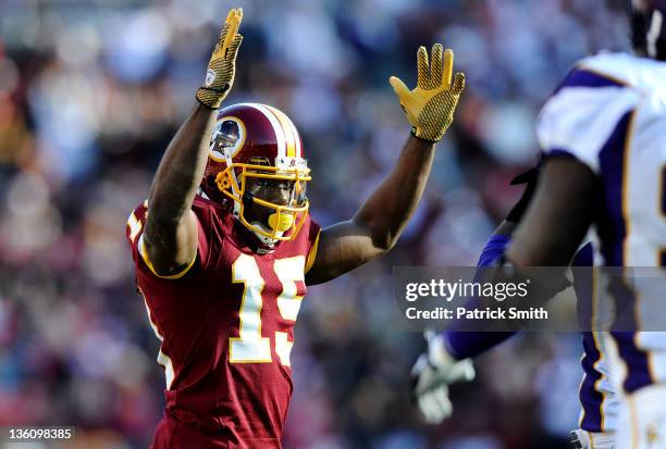 Wide receiver Jabar Gaffney of the Washington Redskins celebrates his touchdown score against the Minnesota Vikings in the second quarter at FedEx...