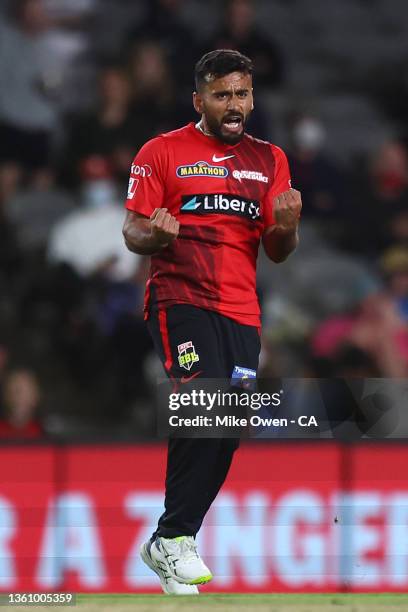 Zahir Khan of the Renegades celebrates after dismissing Josh Inglis of the Scorchers during the Men's Big Bash League match between the Perth...