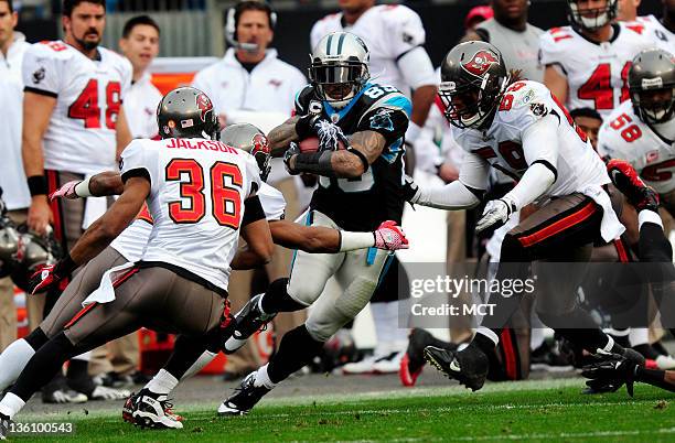 Carolina Panthers wide receiver Steve Smith cuts upfield between Tampa Bay Buccaneers defenders Tanard Jackson and Mason Foster in the third quarter...