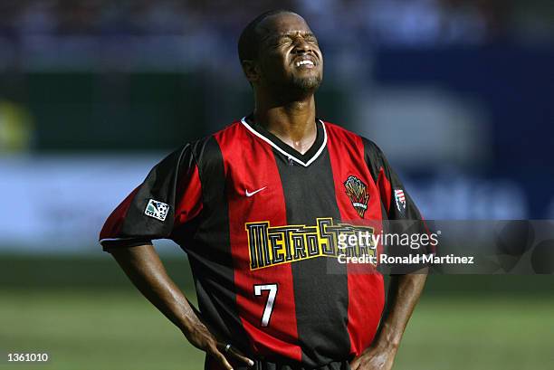 Andy Williams#7 the New York/New Jersey MetroStars reacts on the field during a game against the D.C. United on August 25, 2002 at Giants Stadium in...