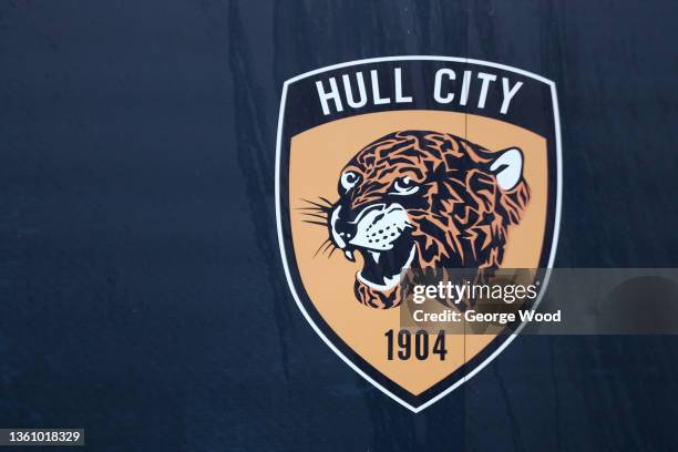 General view of the Hull City badge is seen before the Sky Bet Championship match between Hull City and Blackburn Rovers was postponed due to...