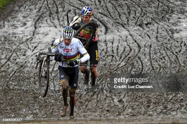 Mathieu Van Der Poel of The Netherlands and Team Alpecin - Fenix and Wout Van Aert of Belgium and Team Jumbo-Visma compete during the 2nd Dendermonde...