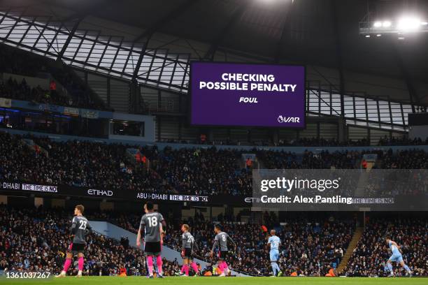 General view inside the stadium as a VAR check is underway for a possible penalty during the Premier League match between Manchester City and...