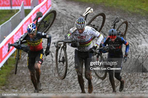 Wout Van Aert of Belgium and Team Jumbo-Visma, Mathieu Van Der Poel of The Netherlands and Team Alpecin - Fenix and Toon Aerts of Belgium and Team...