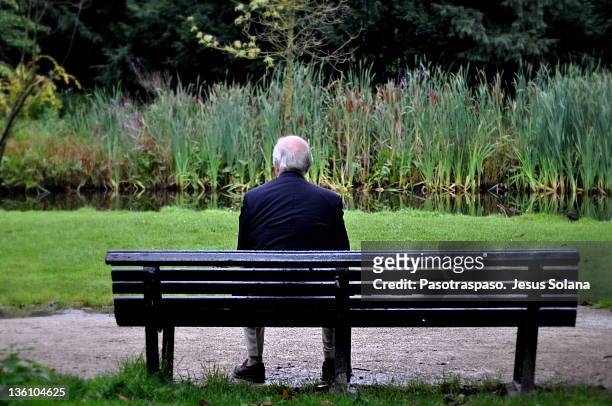 senior man sitting on bench in garden - soledad fotografías e imágenes de stock