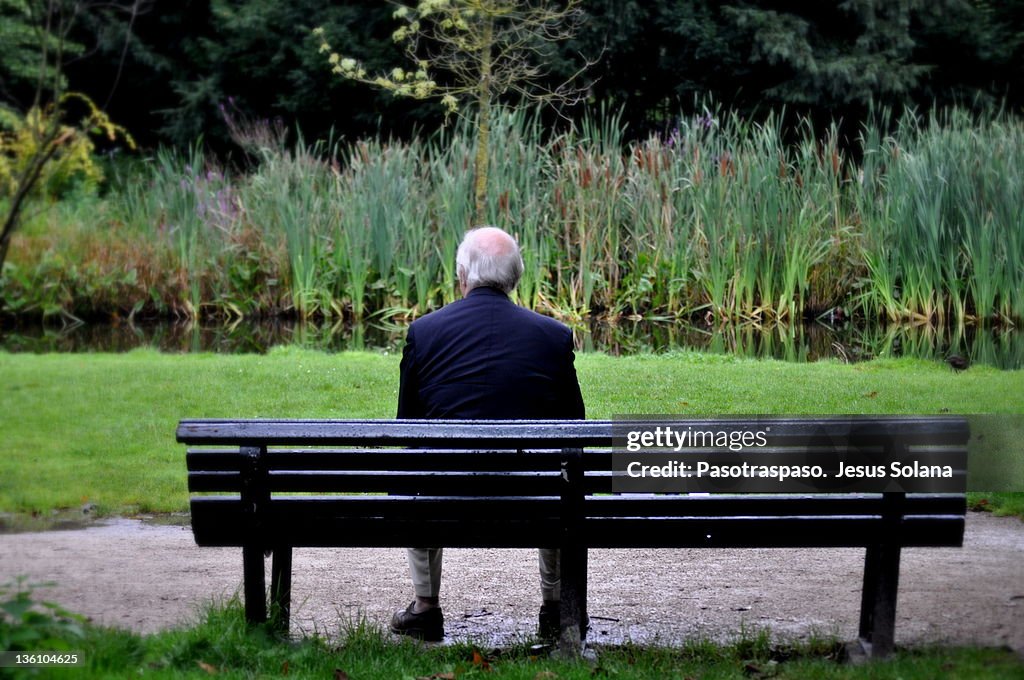 Senior man sitting on bench in garden