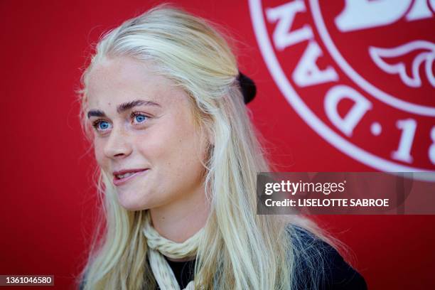 Denmark's Katrine Moeller Kühl looks on during a press conference to present the women's national football team squad for the upcoming FIFA Women's...