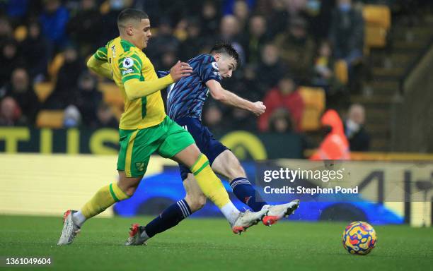 Kieran Tierney of Arsenal scores their team's second goal during the Premier League match between Norwich City and Arsenal at Carrow Road on December...