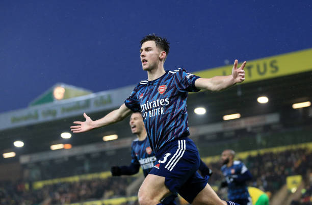 Kieran Tierney of Arsenal celebrates after scoring their team's second goal during the Premier League match between Norwich City and Arsenal at...