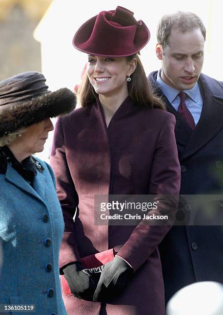 Catherine, Duchess of Cambridge leaves Sandringham Church after the traditional Christmas Day service at Sandringham on December 25, 2011 in King's...