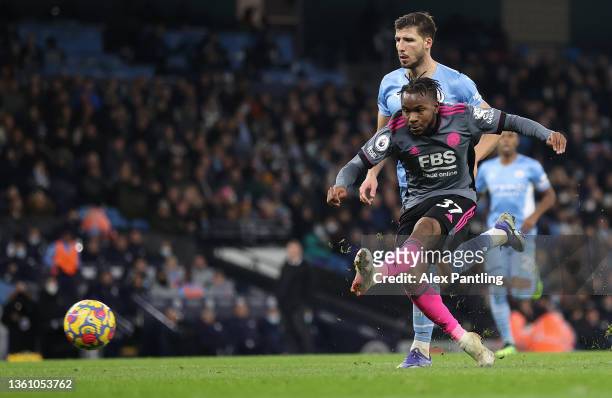 Ademola Lookman of Leicester City scores their team's second goal during the Premier League match between Manchester City and Leicester City at...