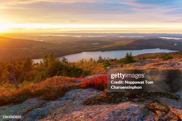 sunset from blue hill overlook on cadillac mountain in autumn, bar harbor, acadia national park, maine, new england, usa - acadia national park stock pictures, royalty-free photos & images