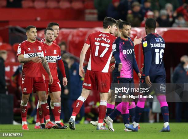 Paddy McNair of Middlesbrough shakes hands with Xande Silva of Nottingham Forest after the Sky Bet Championship match between Middlesbrough and...