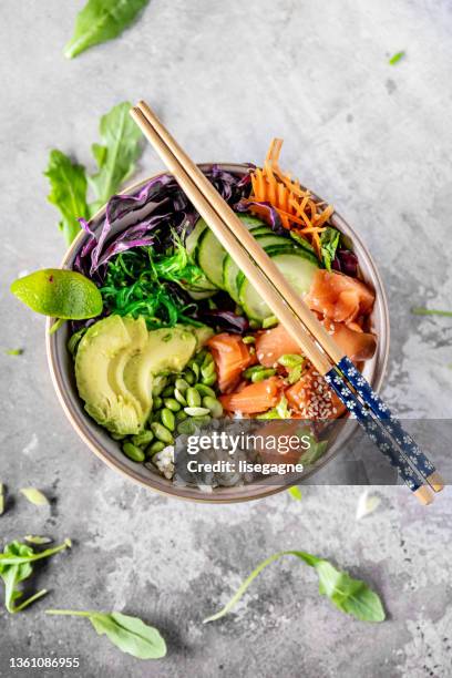 salmon poke bowl - edamame stock pictures, royalty-free photos & images