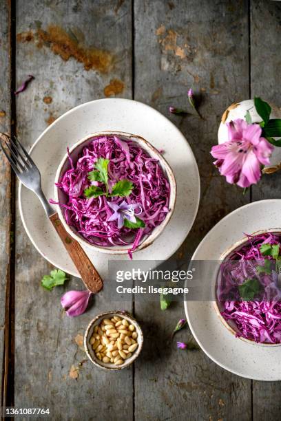 red cabbage salad - crucifers stock pictures, royalty-free photos & images