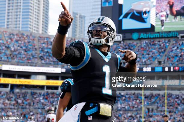 Cam Newton of the Carolina Panthers reacts after running for a first down during the first half in the game against the Tampa Bay Buccaneers at Bank...