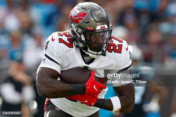 Ronald Jones of the Tampa Bay Buccaneers runs the ball during the second quarter in the game against the Carolina Panthers at Bank of America Stadium...