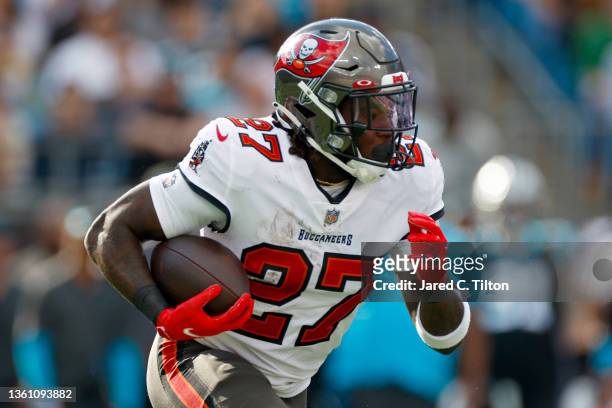 Ronald Jones of the Tampa Bay Buccaneers runs the ball during the second quarter in the game against the Carolina Panthers at Bank of America Stadium...
