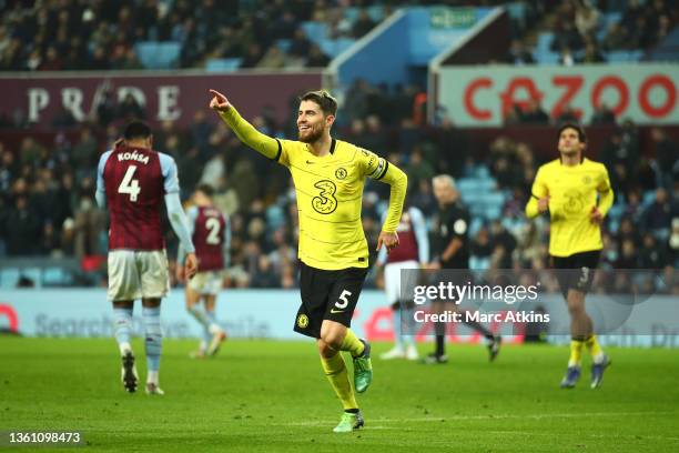 Jorginho of Chelsea celebrates after scoring their side's third goal during the Premier League match between Aston Villa and Chelsea at Villa Park on...