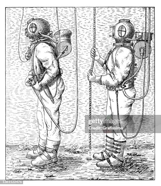 diver in diver's suit underwater 1896 - man diving stock illustrations