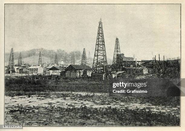 oil well in macdonald in pennsylvania 1896 - chromolithograph stock illustrations