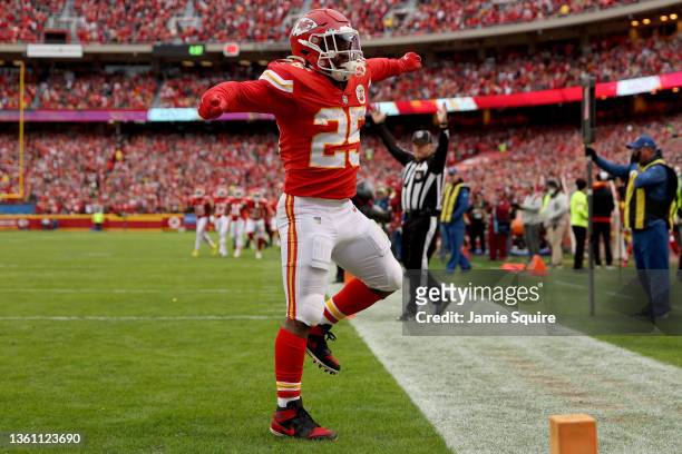 Clyde Edwards-Helaire of the Kansas City Chiefs celebrates a touchdown during the first quarter in the game against the Pittsburgh Steelers at...