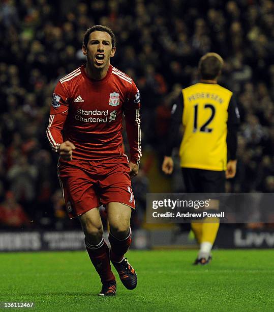 Maxi Rodriguez of Liverpool celebrates his goal during the Barclays Premier League match between Liverpool and Blackburn Rovers at Anfield on...