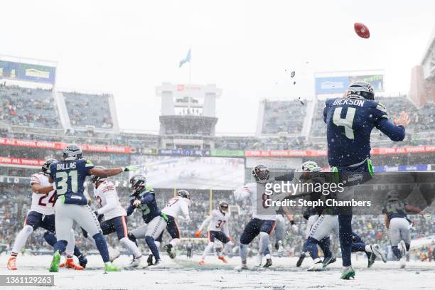 Michael Dickson of the Seattle Seahawks punts the ball during the second quarter against the Chicago Bears at Lumen Field on December 26, 2021 in...